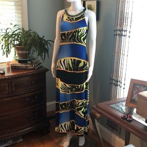 Frank Lyman maxi dress blue & yellow with beads